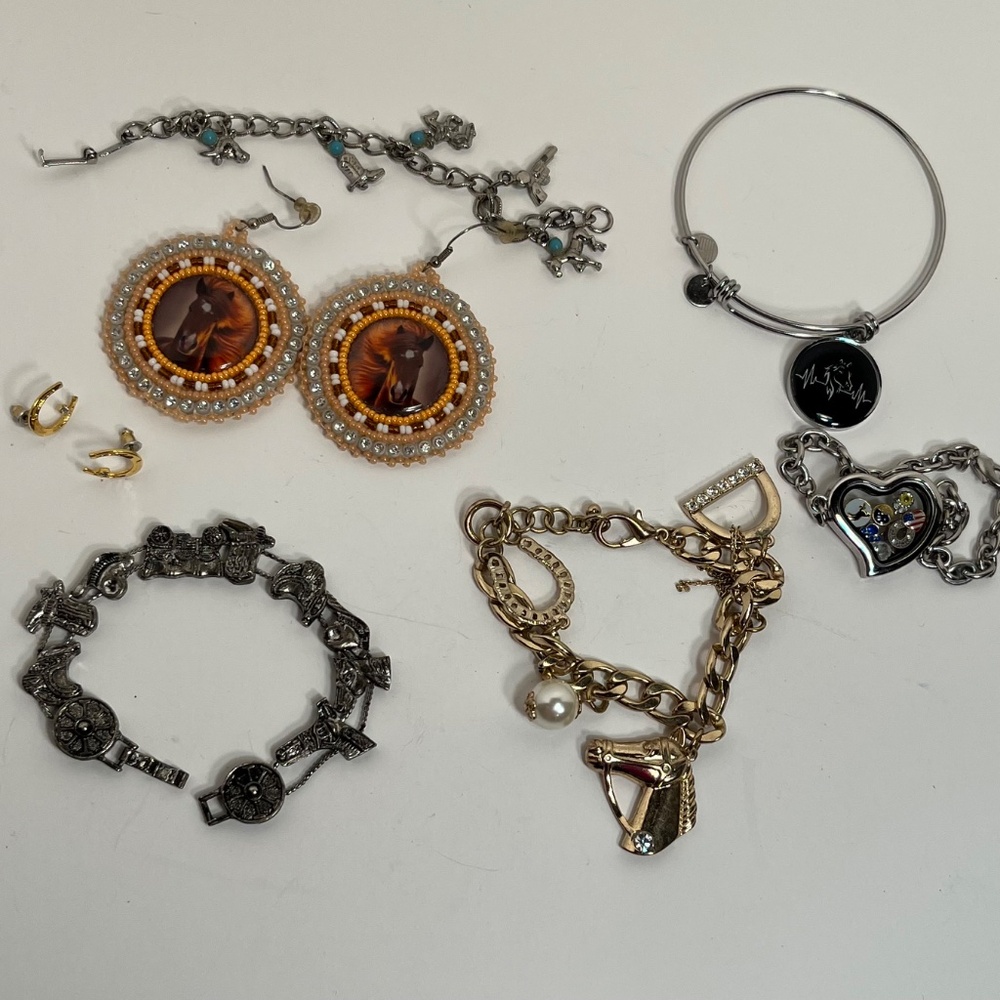 Cowgirl Horse Lover Jewelry Lot, charm bracelet, earrings - Western USA theme